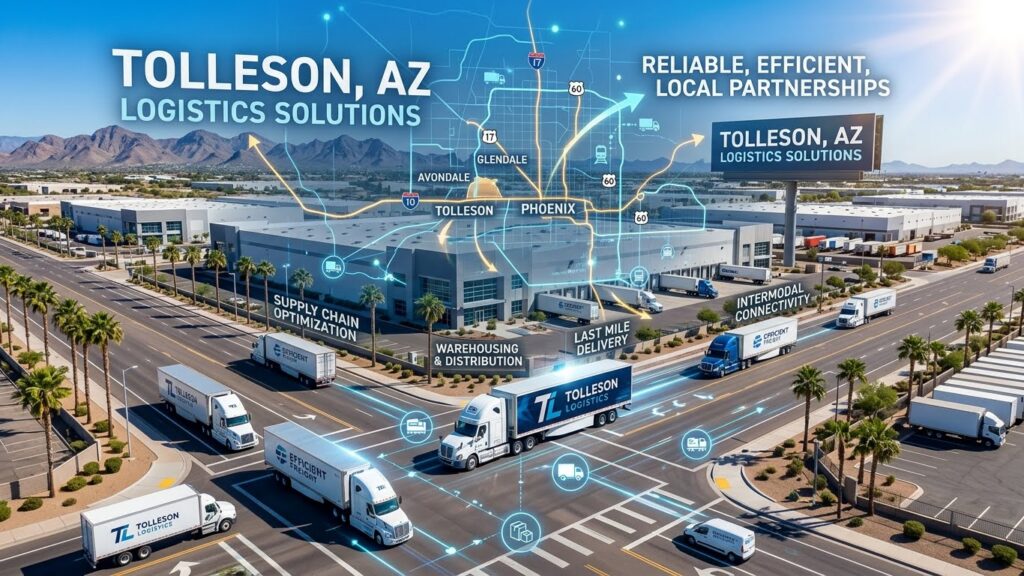 A logistics center in Tolleson, AZ with multiple trucks, overlayed with text highlighting logistics solutions: supply chain optimization, warehousing, last mile delivery, intermodal connectivity, and a city map graphic.